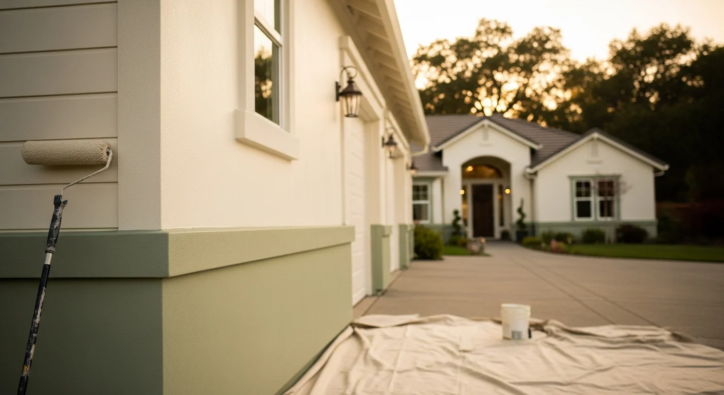 Professional painter applying fresh paint to residential home exterior
