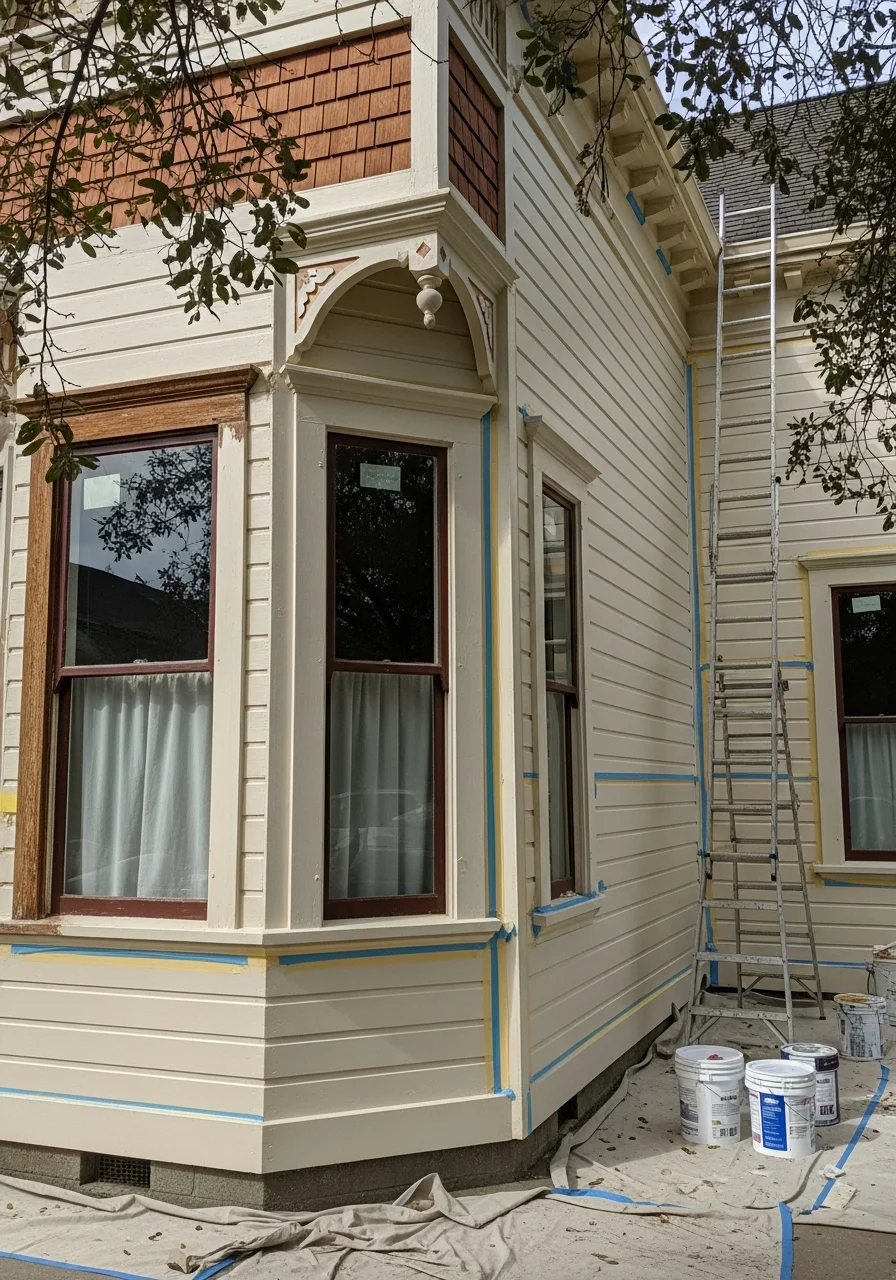 Skilled craftsperson performing detailed restoration work on home exterior, demonstrating specialized expertise.