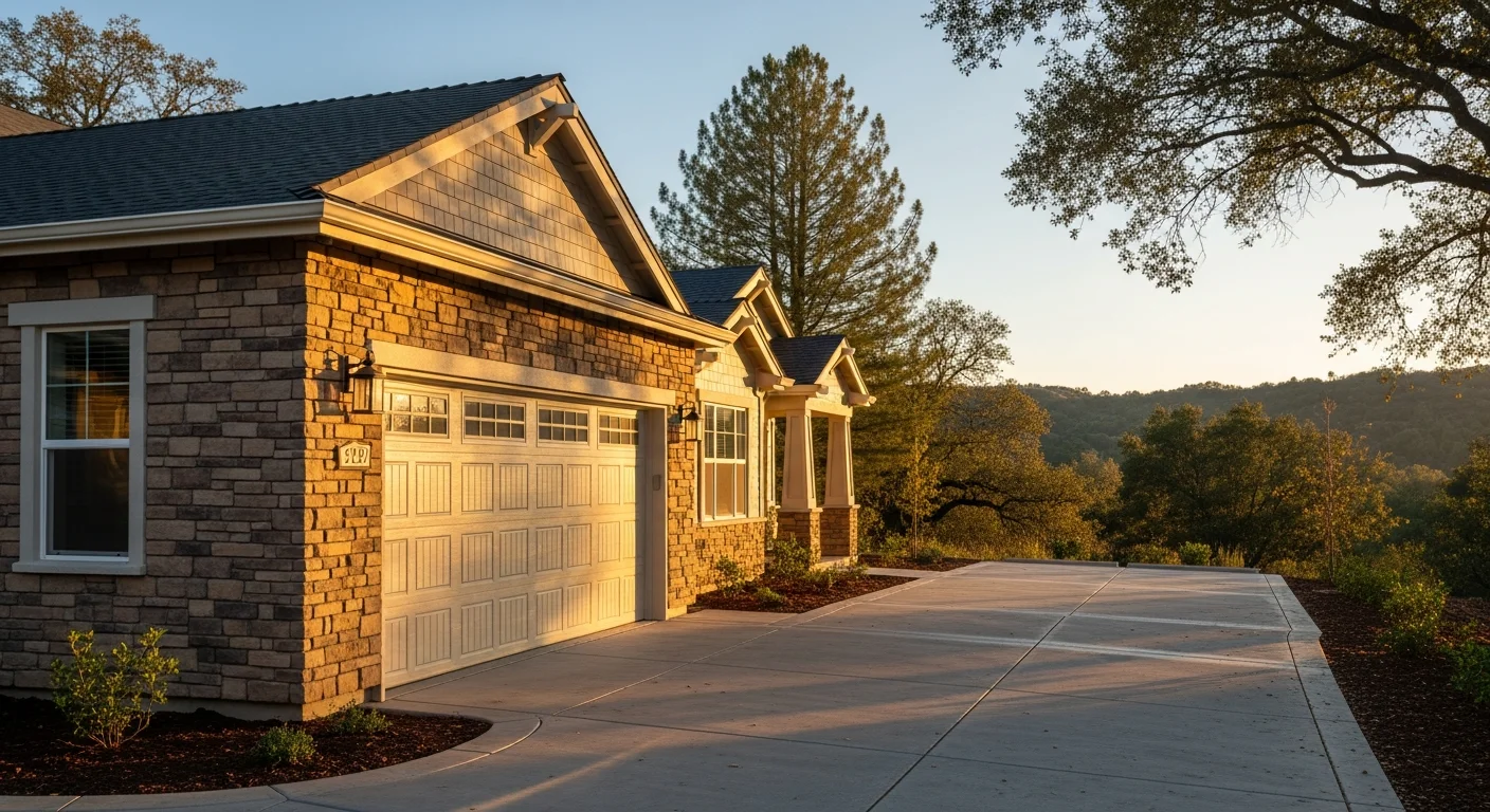 New residential home with stone and siding exterior in El Dorado Hills foothills setting with mature landscaping.