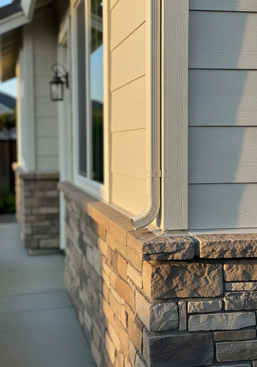 Detail shot of premium home exterior craftsmanship showing high-quality materials and professional finishing.
