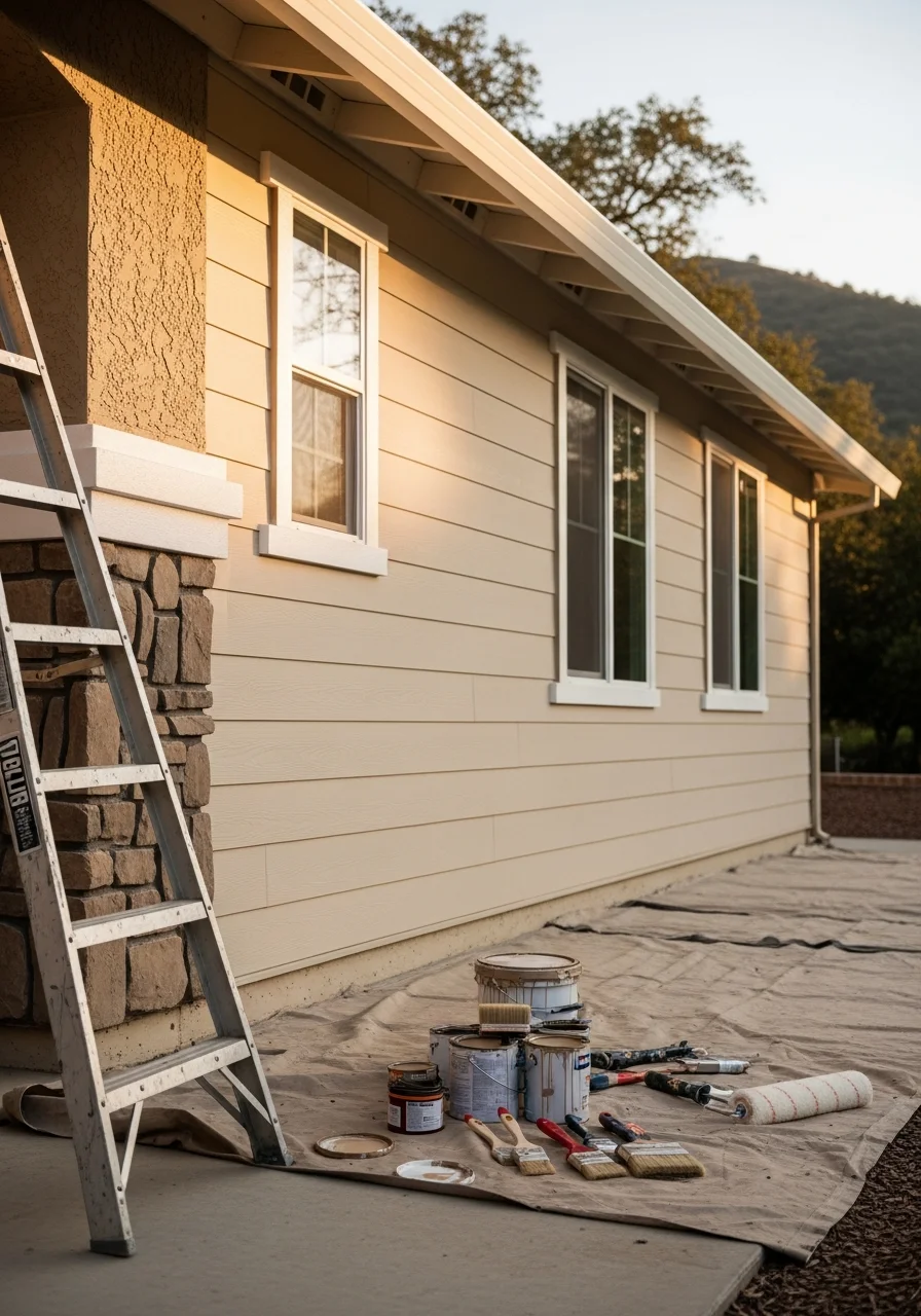 Contractor team working on home exterior project, showing professional equipment and careful workmanship.