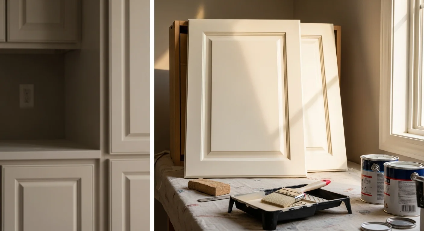 Freshly painted white kitchen cabinets with clean brush-free finish in a large single-family home in El Dorado Hills, CA. Cabinet doors, drawer fronts, and boxes show a uniform satin finish with no visible brush marks or drips.