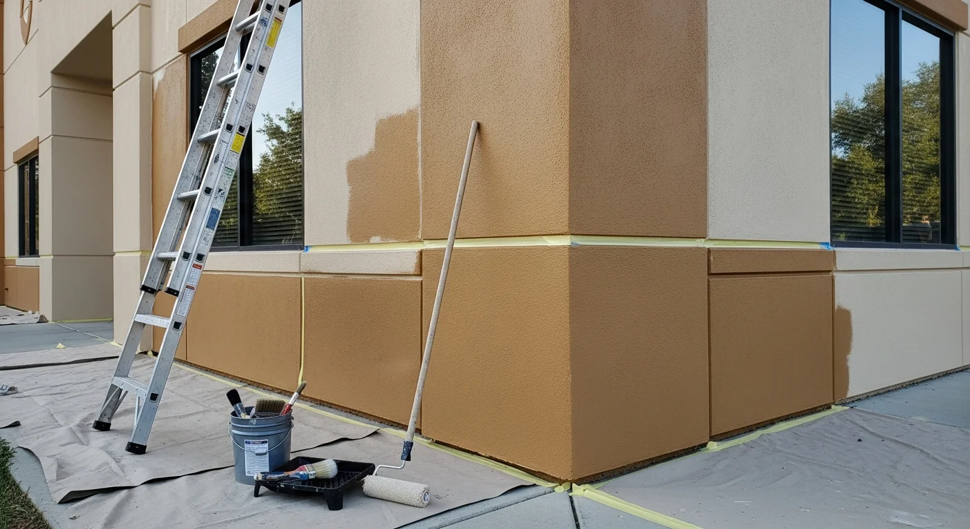 Freshly painted exterior facade of a commercial office building in El Dorado Hills, California, showing clean trim lines and a uniform finish on a stucco surface. A business park setting is visible in the background under clear California sky.