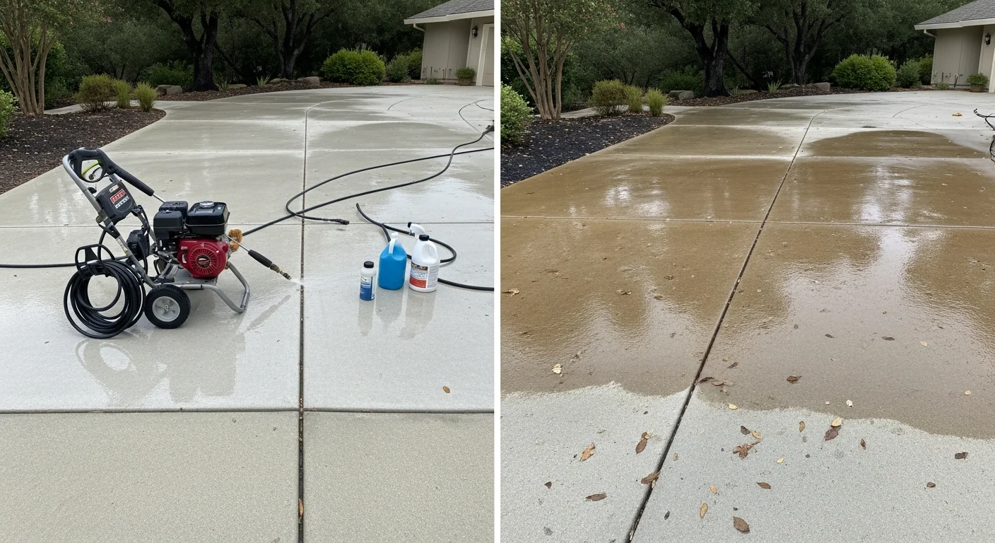 A wide concrete driveway in an El Dorado Hills residential neighborhood shown after professional pressure washing, with clean surface contrast visible against the surrounding landscaping. Oak trees line the property edge, and the driveway shows no visible oil stains, tannin streaks, or algae growth.