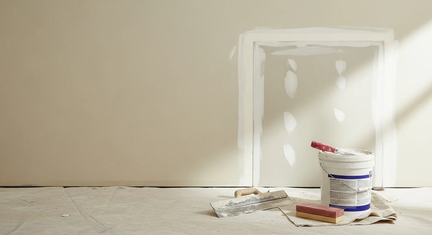 A freshly repaired and finished interior wall in an El Dorado Hills home, showing a smooth, paint-ready surface with no visible patch lines or texture variation. A painter's tray and finishing tools rest on a drop cloth beside the wall.