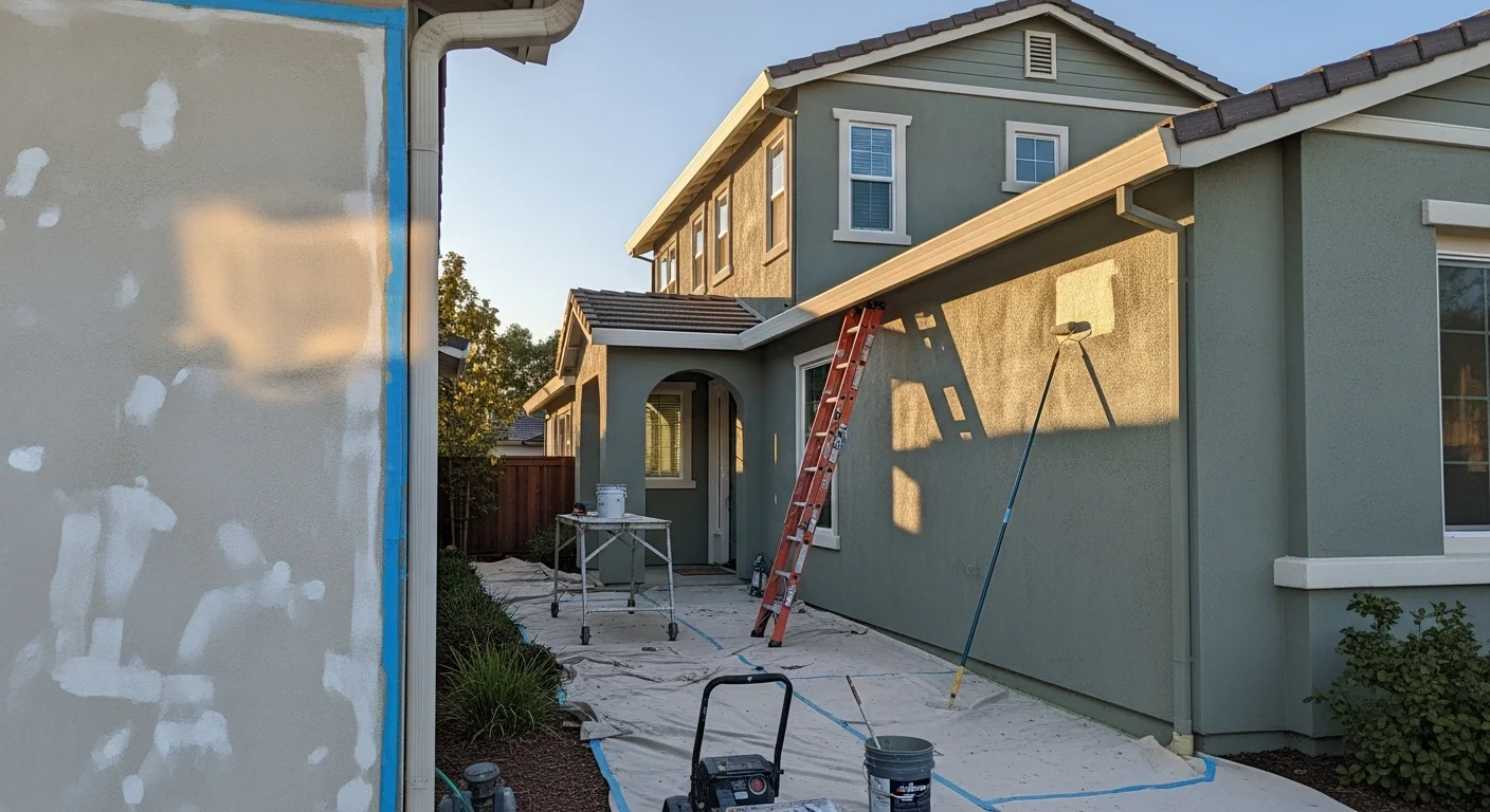 A freshly painted two-story suburban home in El Dorado Hills, California, with clean siding, painted trim, and a defined front exterior finish. The home sits on a hillside lot typical of El Dorado Hills residential neighborhoods.