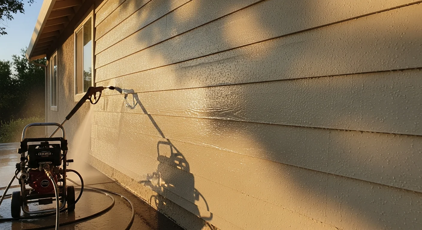 A two-story fiber-cement lap siding home in El Dorado Hills with clean, freshly washed exterior walls free of algae and dirt. The home sits on a hillside lot with oak trees visible in the background.