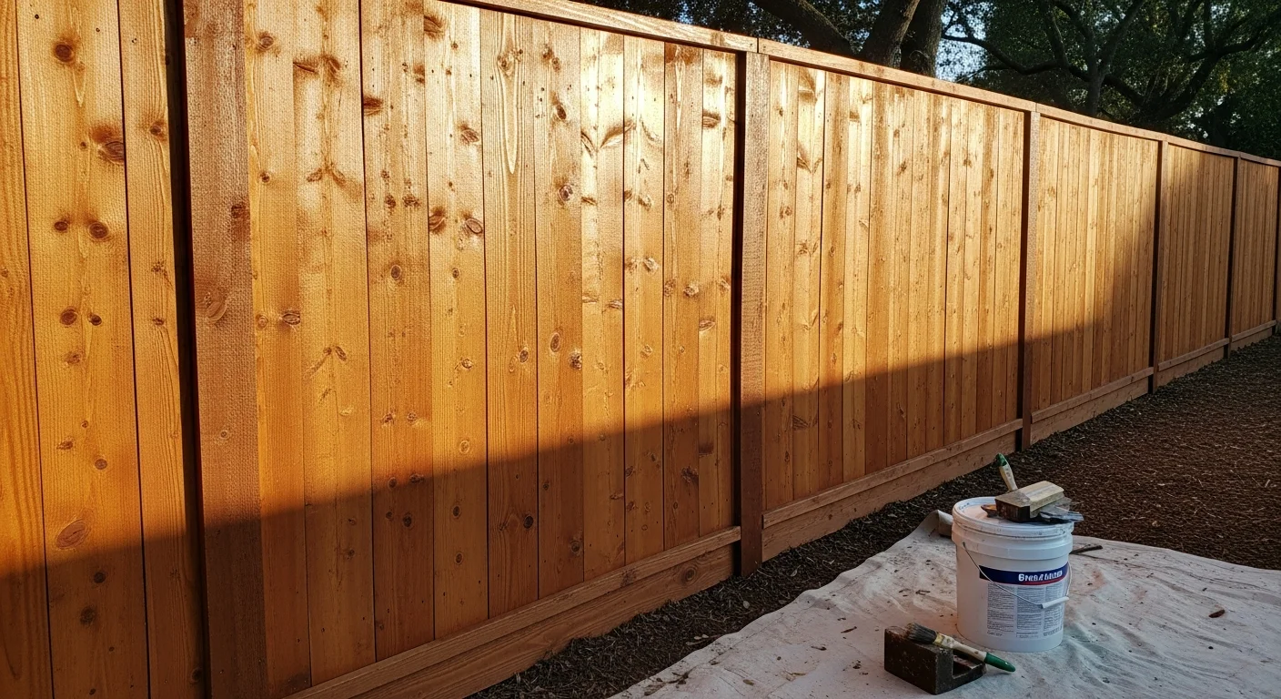 A freshly painted wood privacy fence along the backyard of a residential property in El Dorado Hills, California, with even color coverage and clean edges against a dry summer landscape. Close-up view shows smooth finish on cedar fence boards with no peeling or fading.