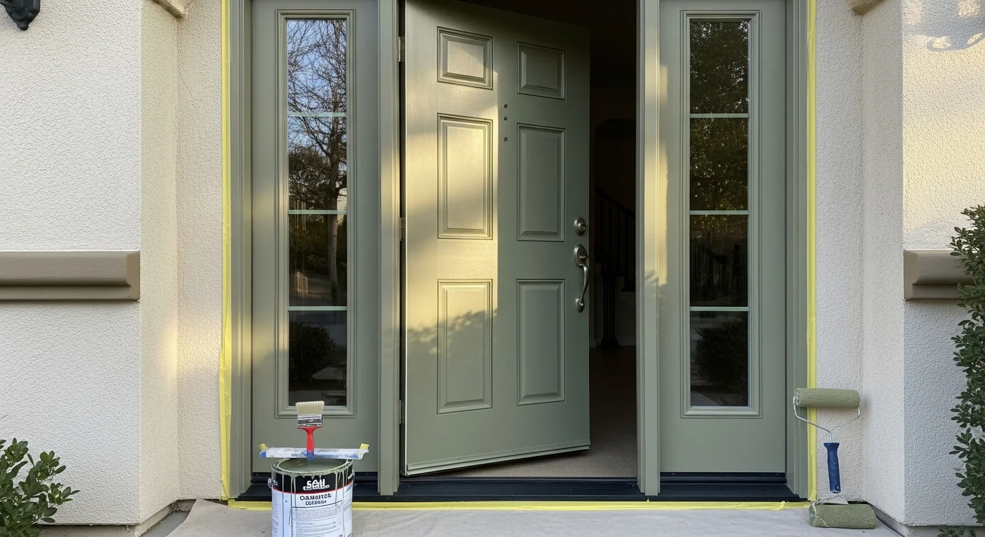 A freshly custom-painted front door on a single-family home in El Dorado Hills, California, showing a smooth semi-gloss finish with clean edges around the hardware and trim. The door color complements the home's stucco exterior in a master-planned neighborhood setting.