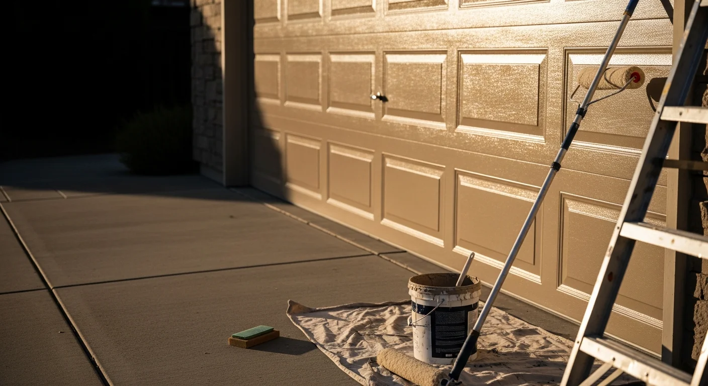 A freshly painted two-car garage door on a residential home in El Dorado Hills, California, showing an even, clean finish with no drips or lap marks. The door color coordinates with the home's exterior trim and stucco facade.