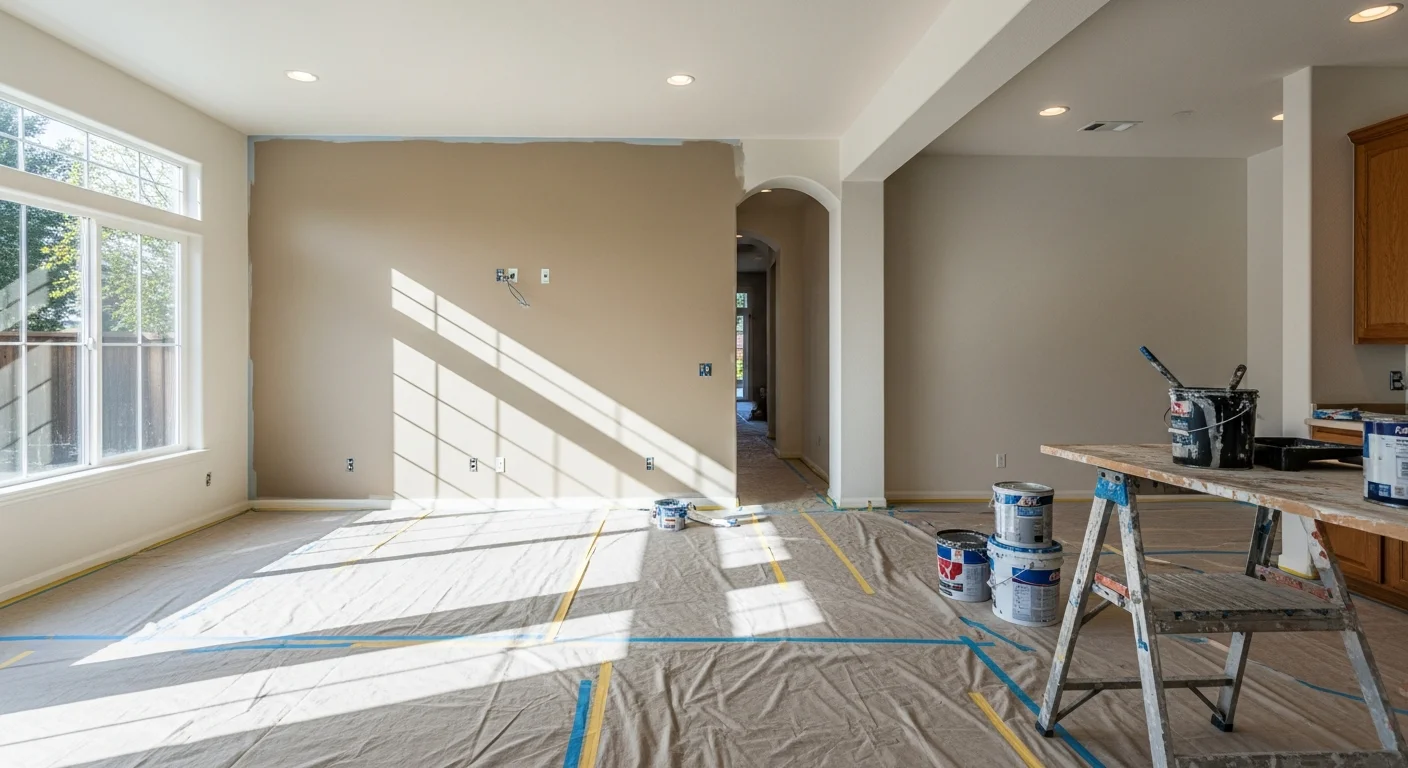 Interior living room of an El Dorado Hills home with freshly painted walls, clean white trim, and a high vaulted ceiling. A Corley Painting crew member applies a final coat along the accent wall in a contemporary open-concept floor plan.