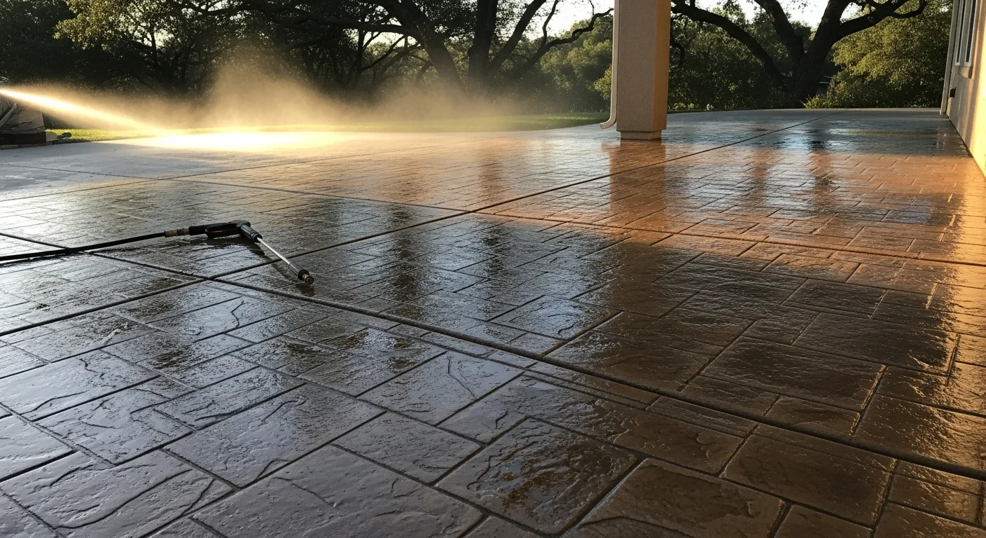 A cleaned concrete patio in El Dorado Hills showing the contrast between a stained, algae-covered surface and a freshly pressure-washed section. Outdoor furniture sits to the side of a suburban backyard with mature oak trees visible in the background.