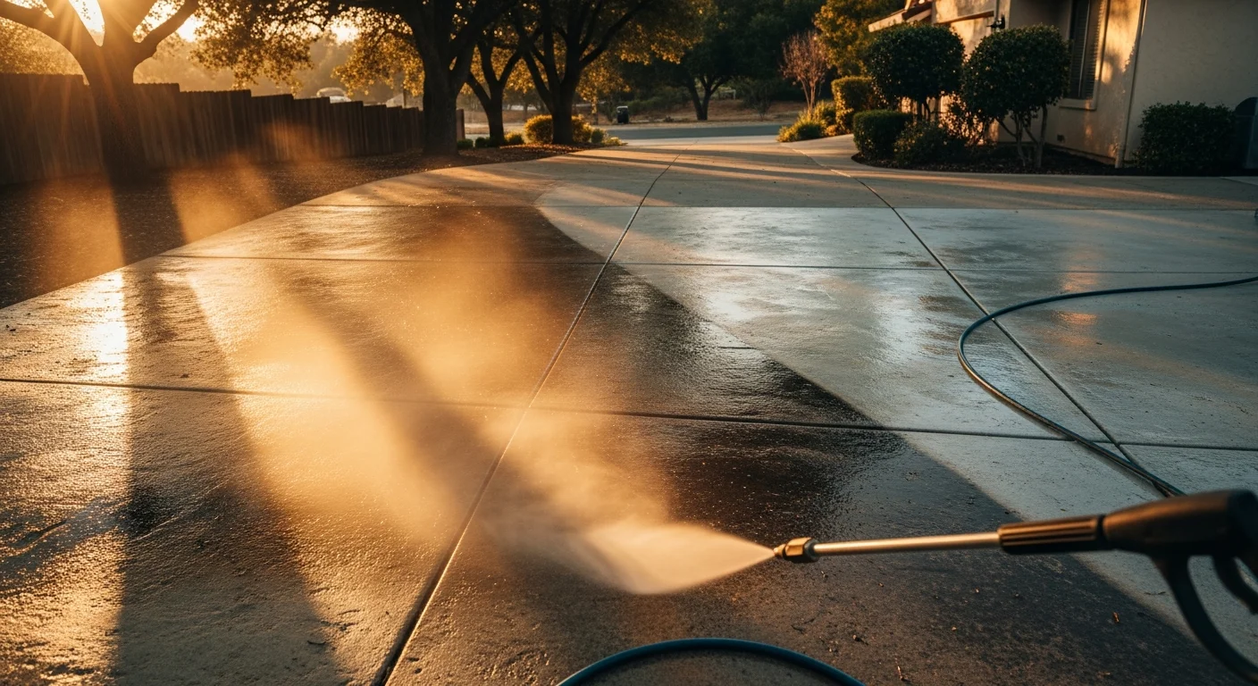 A concrete driveway and walkway at an El Dorado Hills home after power washing, showing clean gray concrete free of oil stains, tannin shadowing, and pollen buildup. A large-lot property with a three-car garage approach is visible in the background.