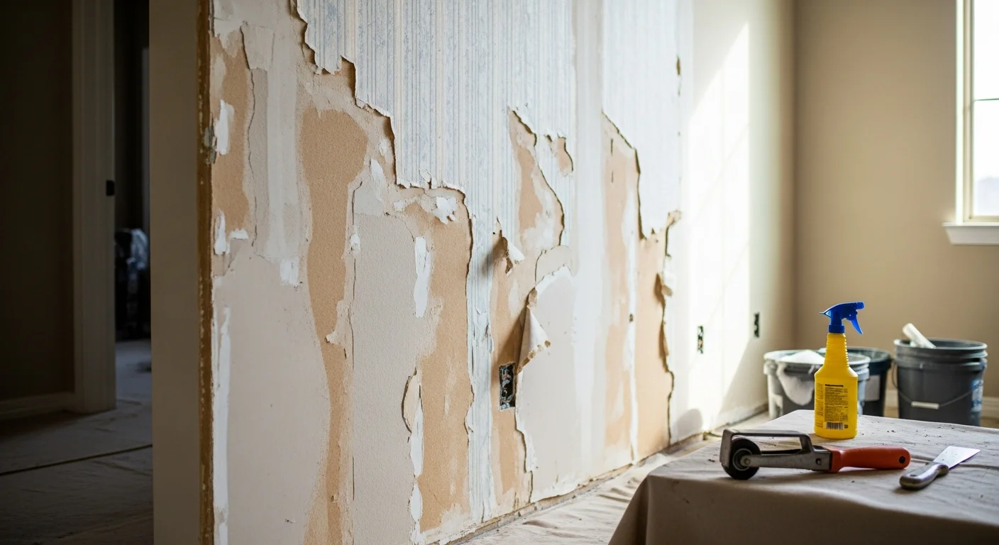 A freshly stripped interior wall in an El Dorado Hills home showing smooth, clean drywall after professional wallpaper removal. A Corley Painting crew member inspects the surface for patching before the repaint stage.