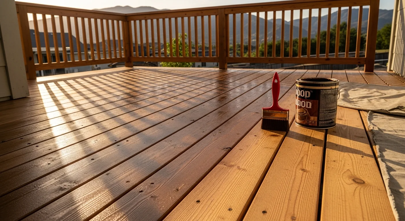 A freshly stained wood deck on a single-family home in El Dorado Hills, California, showing rich, even color across the planks and railing. The surrounding yard reflects the dry, sun-exposed conditions typical of the Sierra Nevada foothills.
